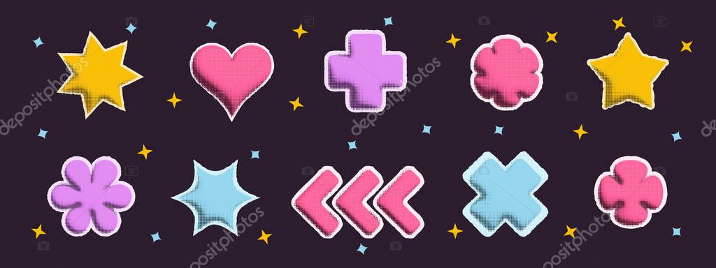 3D halftone grunge shapes in Y2K style. Pixel bitmap star, heart, flower, arrow, cross with grainy gradient texture. Colorful distorted elements on dark vector background.