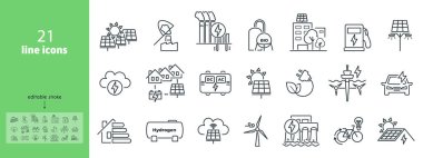 Yeşil enerji ikonu paketi. Ekoloji, karbon ayak izi ve çevre sorunuyla ilgili çizgiler. Dünya dostu ekolojik projeler ve enerji konuları için resim çekimi. Vektör illüstrasyonu.