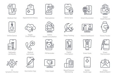 Dijital tıbbi servis ikonu paketi. Hasta izleme, doktor muayeneleri, teletıp aletleri ve sağlık uygulaması sembolleri. Bakım sistemi arayüzü için satır biçimi ögeleri kümesi. Vektör illüstrasyonu.
