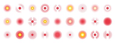 Kas ağrısı veya baş ağrısı için dalga etkisi olan kırmızı acı çemberi ikonu. Vücut hasarını veya kronik sinir ağrısını göstermek için eş merkezli halkalar ve noktalarla dizayn edilmiş. Vektör