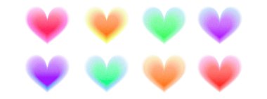 Y2K bulanık efektli kalp gradyanı seti. Ses deseni ve tahıl arkaplan elementleri içeren derecelendirme figürü koleksiyonu. Vektör.