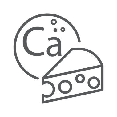 Kalsiyum ve peynir içeren tek renkli taslak ikon. Dengeli beslenme ve sağlığı vurgulayan eğitim, beslenme ve diyet temalı uygulamalar için tasarlanmıştır..