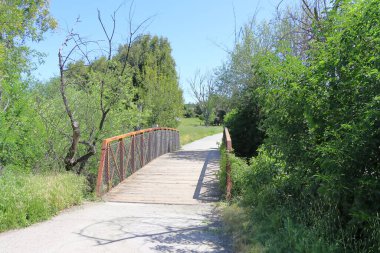 Nehrin üzerindeki tahta köprü Parkta baharda.