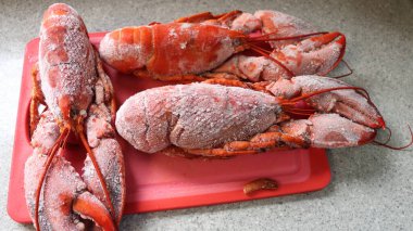 Kırmızı kesme tahtasında haşlanmış donmuş ıstakoz.