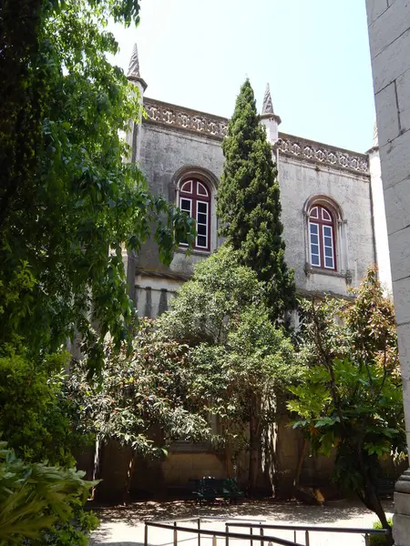 Güzel bir bahar bahçesi. Binalar, ağaçlar.