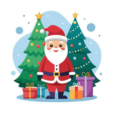 Mutlu noeller ve mutlu yıllar. Kırmızı şapkalı ve sakallı Noel Baba. vektör illüstrasyonu.
