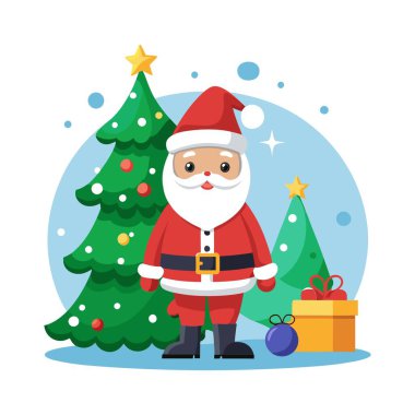 Noel Baba hediye ve noel ağacı vektör çizimi tasarımı