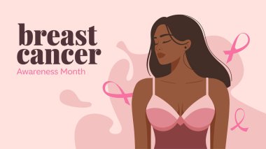 Kadın ve Pembe Kurdeleli Göğüs Kanseri Bilinci Ay Düz Vektör Posteri