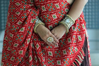 Geleneksel bir Hint kıyafeti ya da giysisi için arka plan resmi. Kestane rengi Ghaghara choli ve kırmızı bandhni dupatta ve el aksesuarları giyen bir kadın. Etnik giysi konsepti. Düğünde Hintli gelin görünümü