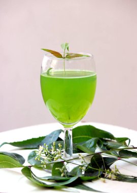 Taze neem suyu bardakta servis edilir, doğal neem yapraklarıyla süslenir, sağlık, detoks ve ayurvedik sağlığı sembolize eder. Baharda Hindistan acı suyu