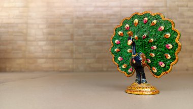 Çeşitli renk boyaları ve tüyleri olan bir tavus kuşu idolü. Tavus kuşu sembolü. tavuskuşu logosu.