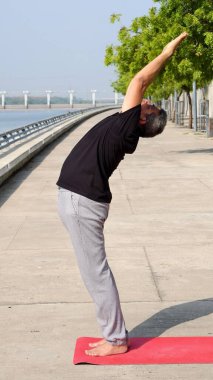 Hintli usta hasta Uttanasana 'yı (Yükseltilmiş Kollar Pozu) sabah yoga seansı sırasında bir minder üzerinde sahneleyerek denge, esneklik ve dikkatli nefes alma göstermektedir..