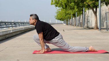 Ashwa Sanchalanasana 'yı (Binicilik Pozu) bir yoga minderinin üzerinde seslendiren kıdemli Hintli adam, sabah yogası sırasında nehir kenarındaki Ahmedabad' da esneklik, denge ve bilinçli nefes alma üzerine odaklanıyor. 