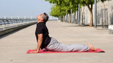 Kıdemli Hintli adam yukarı bakan köpek pozu veriyor Urdhva Mukha Svanasana dışarıda yoga minderinde, sabah güneşini kucaklıyor ve Riverfront Ahmedabad 'da omurga sağlığını ve iç huzurunu destekliyor.. 