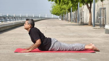 Üst düzey Hintli adam Bhujangasana - Kobra açık bir alanda yoga minderi üzerinde poz vererek omurga esnekliği, formda kalma ve sağlıklı yaşlanmayı Riverfront, Ahmedabad 'da normal yoga yoluyla teşvik ediyor.