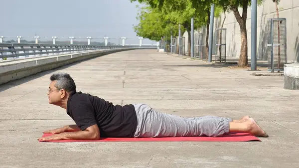 Bhujangasana 'da (Kobra Pozu) yoga minderinin üzerinde alıştırma yapan kıdemli Hintli adam nehir kenarında, Ahmedabad, Gujarat' ta sakin bir sabah yoga seansında güç ve esneklik gösteriyor.