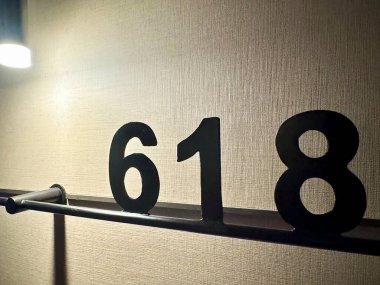 Görüntü 618 numaralı odayı gösteriyor. Metal bir çerçeveye monte edilmiş. Yumuşak ortam ışığıyla aydınlatılmış, dokulu bir duvara karşı..
