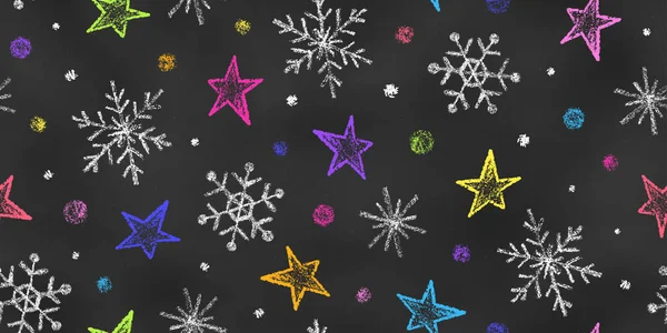 粉笔画 雪花和星辰在黑板上的圣诞无缝图案 风格华丽的Grunge无尽的运动 现实蜡笔画的连续背景 黑暗背景下的新年象征 — 图库矢量图片