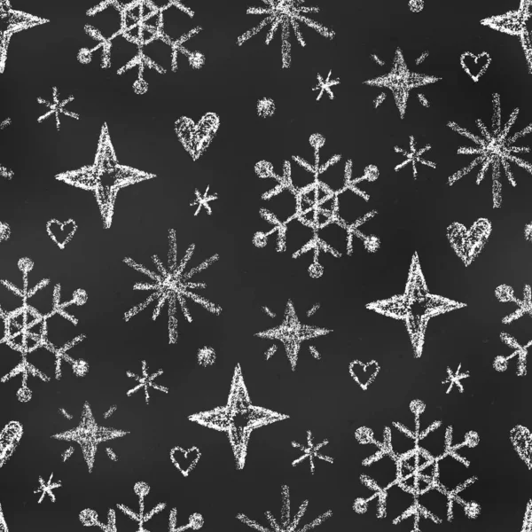 粉笔无缝线图案 白雪片 星和心在黑板上 冬季无边无际的运动 黑暗背景下蜡笔画圣诞象征的连续背景 — 图库矢量图片