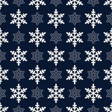 Kışın simetrik, pürüzsüz, Koyu Mavi Arkaplanda Beyaz Kar Taneleri Şablonu. Hediye Paketi Kağıdı, Paket Kağıdı ve Evrensel Uygulama İçin Yılbaşı Sürekliliği Arkaplanı.