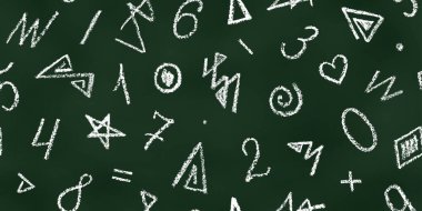 Seamless Pattern of White Chalk Drawn Sketches Numbers on Green Chalkboard. Continuous Background of Realistic Crayon-Drawn Handwriting Scribbles on Blackboard.
