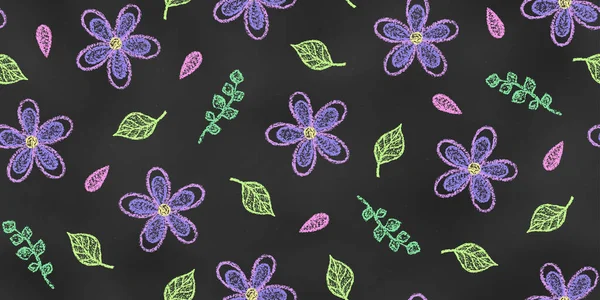 Nahtlose Muster Aus Kreide Gezeichnete Skizzen Violette Blumen Auf Tafelhintergrund — Stockvektor