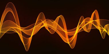 Karanlık Arkaplanda Parlak Işıltılı Ateşli Dalga Hattı ile Soyut Arkaplan. Dijital Bilgisayar Teknolojisi Tarzı. Yumuşak Dalgalı Parlak Yatay Çizgili Şablon.