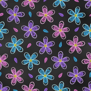 Kusursuz Tebeşir Şablonu Mavi Çizimler, Pembe ve Mor Çiçekler Kara Tahtada. Tebeşir tahtasında Boya Çizilmiş Çiçeklerin Sürekli Arkaplanı.