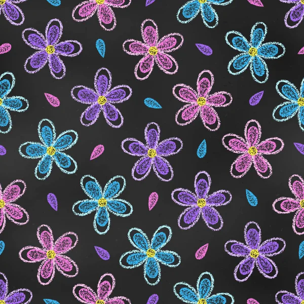 Patrón Sin Costuras Tiza Dibujado Bocetos Azul Rosa Violeta Flores — Vector de stock