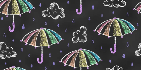 Nahtloses Muster Aus Kreide Skizziert Regenbogenschirme Und Wolken Auf Dunkler — Stockvektor