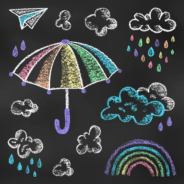 Set Design Elements Rainbow Umbrella Clouds Drops Paper Airplane Isolated — стоковий вектор