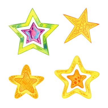 Parlak Tasarım elementlerinin suluboya seti Beyaz Arkaplan 'da izole edilmiş sarı yıldızlar. El Çizimi İllüstrasyonu. Evrensel Uygulama İçin Boyalı Nesneler ve Çıkartma Yıldızları Koleksiyonu. 