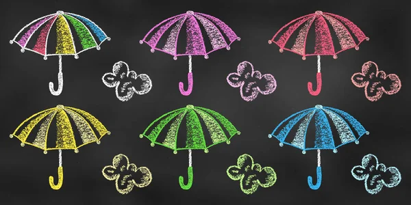 Conjunto Elementos Diseño Brillantes Paraguas Diferentes Colores Aislados Telón Fondo — Vector de stock