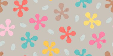 Elle çizilmiş soyut noktaların asimetrik kusursuz desenleri. Çocuk Çizim Tarzı. Boho tarzı. Renkli figürlerle sürekli Grunge Arkaplanı.