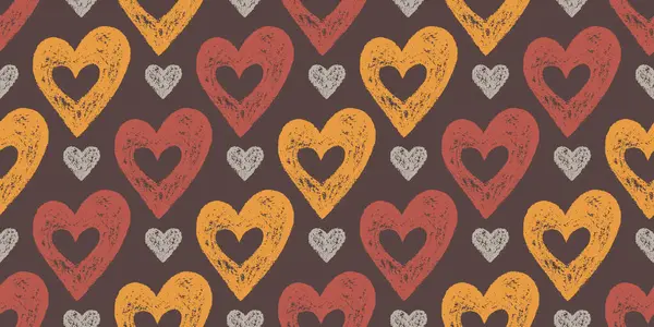 Kahverengi Arkaplan Elle Çekilen Kırmızı Sarı Kalplerin Simetrik Kusursuz Şablonu — Stok Vektör