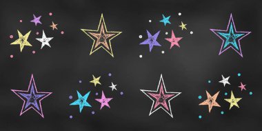 Chalk Drawn Sketch. Set of Design Elements Colorful Combinations of Stars Isolated on Chalkboard Backdrop. Kit of Textural Crayon Drawings of Night Sky Symbols of Different Colors on Blackboard. clipart