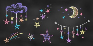 Textural Chalk Drawn Sketch. Set of Colorful Design Elements Night Sky Decorations Isolated on Black Blackboard. Kit of Crayon Drawings of Stars, Cloud, Moon, Pendant on Chalkboard Backdrop. clipart