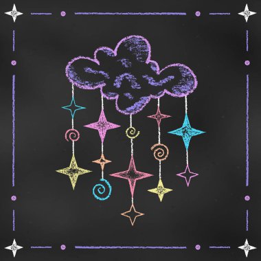 Sevimli Tasarımlı Renkli Bulut, Chalkboard arka planında izole edilmiş Yıldız İplikleri. Çocuk Tebeşiri Çizimi. Çocuk Malzemeleri ve Bebek Ürünleri için Dokuma Boyası Çizimi.