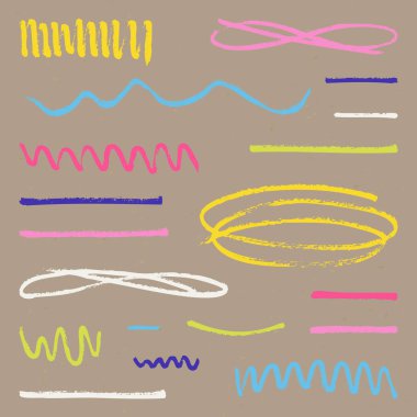 Gerçekçi fırça çizimi çizimi. Tasarım elementleri parlak renkli karalamalar ve çizgiler karalama kağıdına izole edildi. Kağıt üzerinde Basit Şekillerin Dokusal Çizimleri.