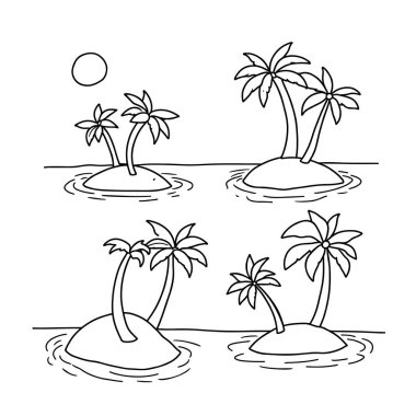 Hindistan cevizi palmiyeleri ile günbatımı sembolü ada resmi basit tasarım