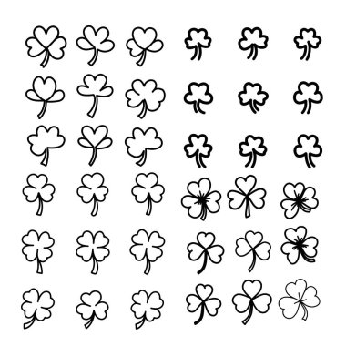 Dört yapraklı yonca düz vektör simgesi seti. Yonca işareti ve sembol. Dört yapraklı yonca çiçeği basit vektör çizimleri.