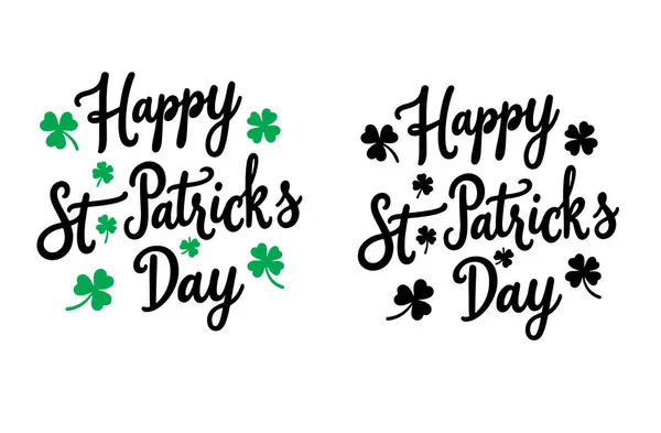 El çizimi kutlama mesajı. Mutlu Aziz Patrick günleri yoncayla. Tebrik kartı, afiş, davetiye, kartpostal, rozet, broşür, tipografi posteri. Vektör illüstrasyonu