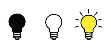 Ampul simgeleri beyaz arkaplanda ayarlandı. Fikir sembolü. Elektrik lambası, ışık, yenilik, çözüm, yaratıcı düşünce, elektrik. Özet, düz ve renkli