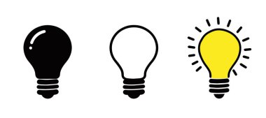Ampul simgeleri beyaz arkaplanda ayarlandı. Fikir sembolü. Elektrik lambası, ışık, yenilik, çözüm, yaratıcı düşünce, elektrik. Özet, düz ve renkli