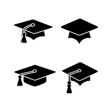 Mezuniyet şapkası simgeleri ayarlandı. Akademik şapka. Mezuniyet öğrencisi siyah şapkalı ve diplomalı.