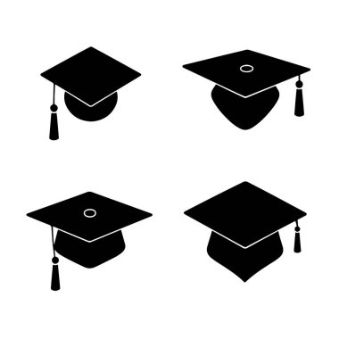 Mezuniyet şapkası simgeleri ayarlandı. Akademik şapka. Mezuniyet öğrencisi siyah şapkalı ve diplomalı.