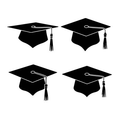 Mezuniyet şapkası simgeleri ayarlandı. Akademik şapka. Mezuniyet öğrencisi siyah şapkalı ve diplomalı.