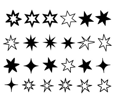 Beyaz zemin üzerinde siyah renkli on sekiz farklı yıldızın parlaklığı veya parıltısı vektör kümesi. Parıldayan yıldız simgeleri. Simgeyi parlat. Yıldızlar ışıltılı karalama vektörü.