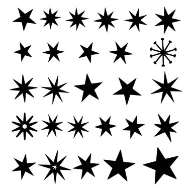 Beyaz zemin üzerinde siyah renkli on sekiz farklı yıldızın parlaklığı veya parıltısı vektör kümesi. Parıldayan yıldız simgeleri. Simgeyi parlat. Yıldızlar ışıltılı karalama vektörü.