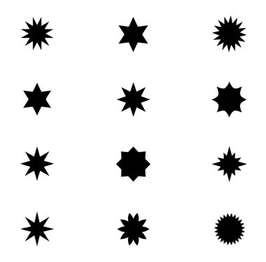 Beyaz zemin üzerinde siyah renkli on sekiz farklı yıldızın parlaklığı veya parıltısı vektör kümesi. Parıldayan yıldız simgeleri. Simgeyi parlat. Yıldızlar ışıltılı karalama vektörü.